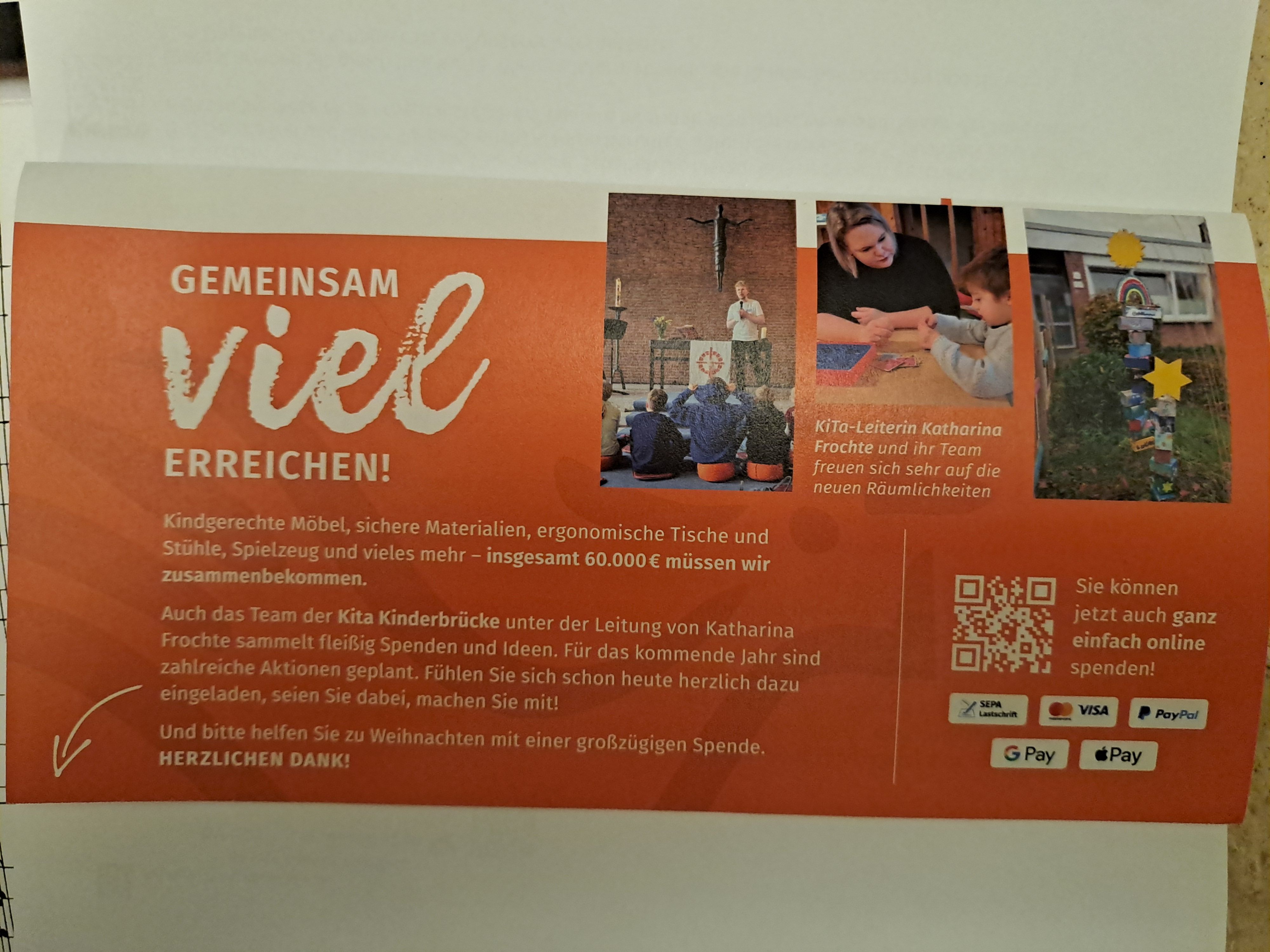 Gemeinsam viel erreichen! Für die neue größere Kita werden zusätzliche und neue Möbel, Ausstattung und Spielzeug gebraucht, die von der Kirchengemeinde finanziert werden müssen - insgesamt müssen 60.000 Euro zusammenkommen