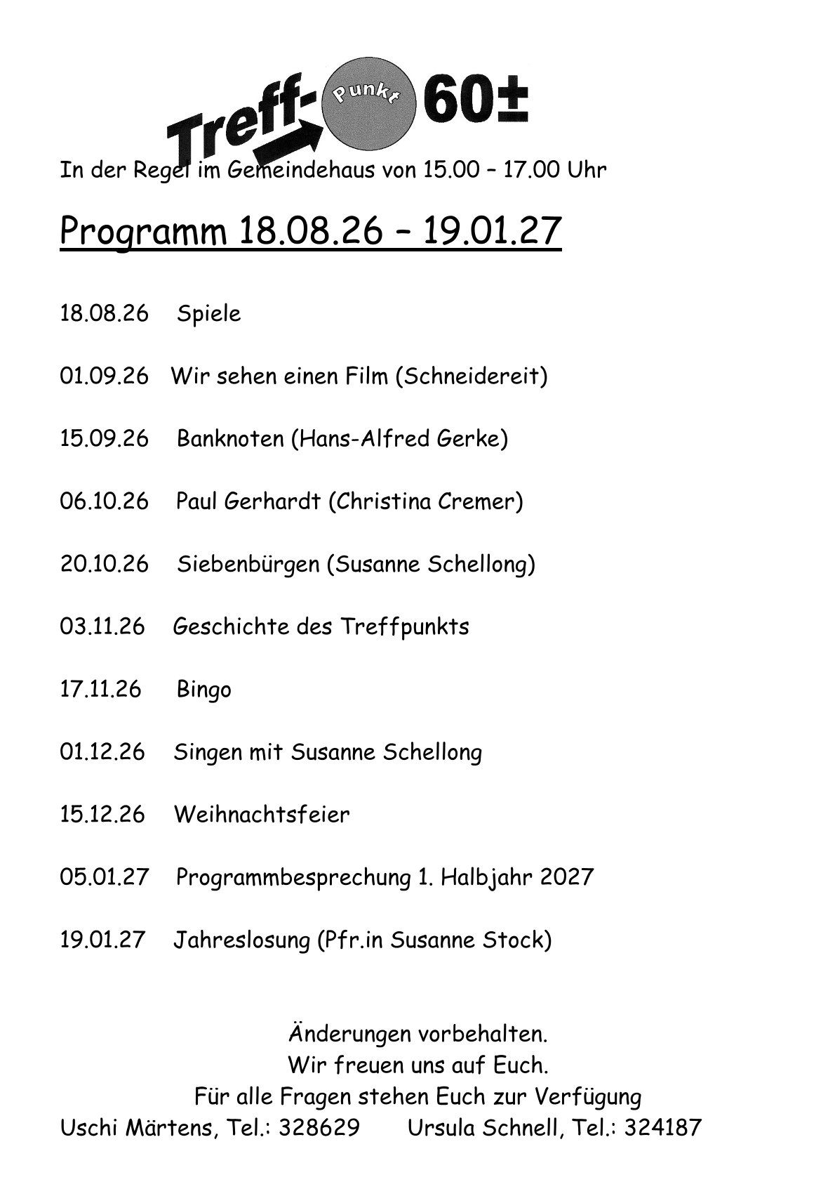 Programm Treffpunkt 60+ 18.08.2027 - 19.01.2027
