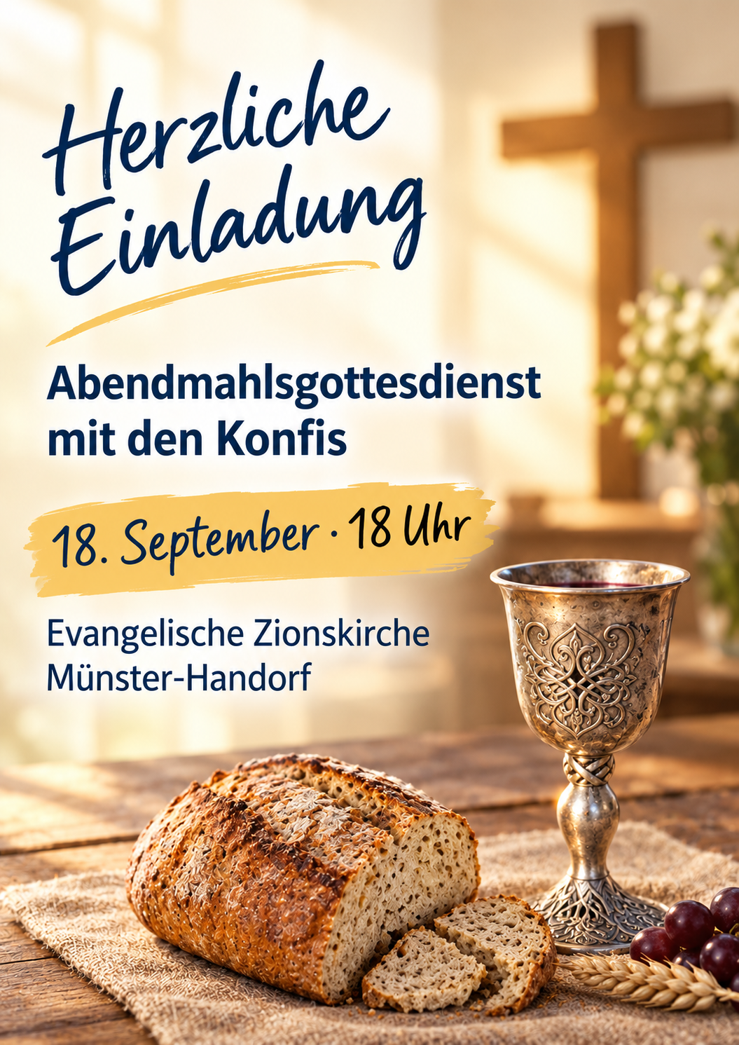 Evangelische Kirchengemeinde Handorf. Herzliche Einladung zu Abendmahlsgottesdienst am 18. September 2026 um 18 Uhr, Zionskirche, Kirschgarten 28, 48157 Münster